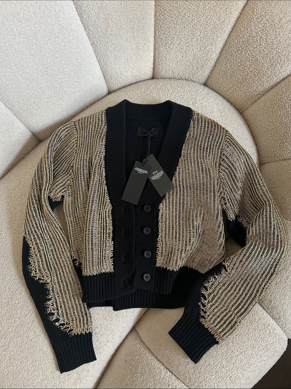 RtA Black and Gold Distressed Open-Weave Button Cardigan